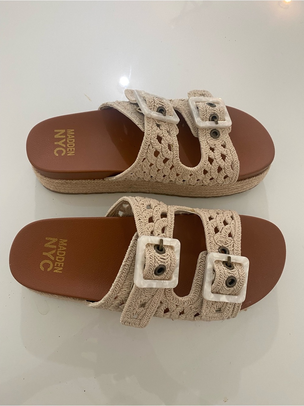 Madden NYC Women's Cream Crochet Double-Buckle Slide Sandals
